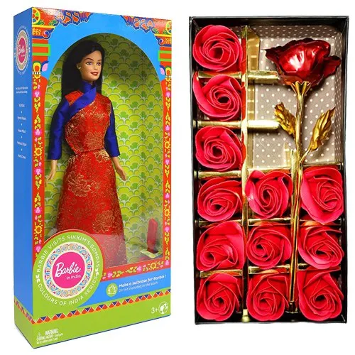 Gorgeous Artificial Roses N Barbie Doll Combo Set