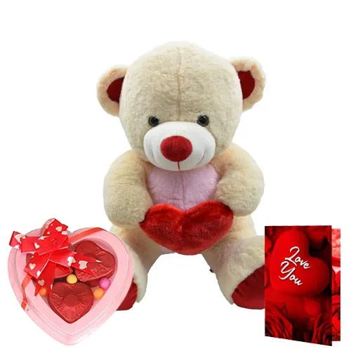 Beautiful Teddy with Artificial Roses Handmade Chocolates N Love You Card