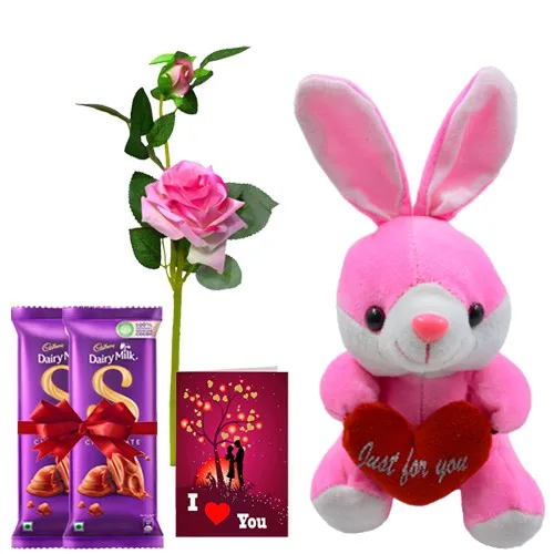 Exclusive Pair of Pink Rabbit N Red Rose Stick with Cadbury Silk N Love You Card