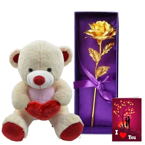 Fantastic Gift of Teddy with Artificial Golden Rose N Love You Card