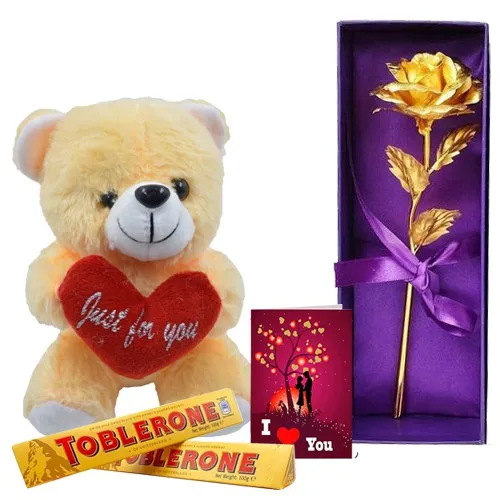 Lovely Teddy N Toblerone with Artificial Golden Rose N Love You Card Combo