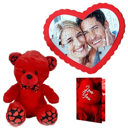 Remarkable Gift of Red Teddy with Heart Shape Puzzle N Love You Handmade Chocolate