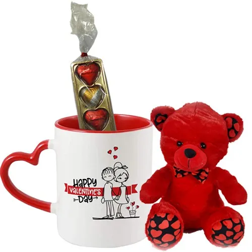 Amazing Pair of Red Teddy with Printed Coffee Mug N Handmade Chocolates