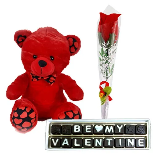 Remarkable Trio of Red Rose Stick with Red Teddy N Handmade Chocolate