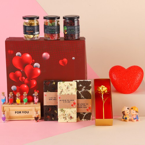 Scrumptious Hamper of Chocolates with Golden Rose N Assorted Gifts
