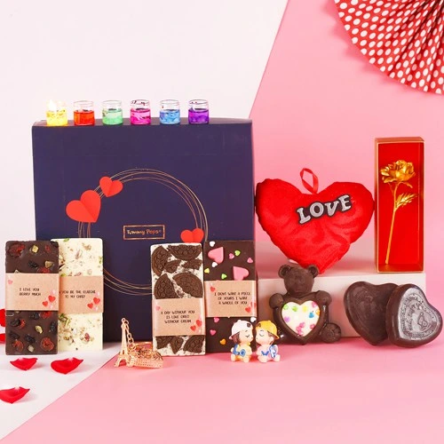 Breathtaking V-Day Combo of Handmade Chocolates with Golden Rose N Assorted Gifts