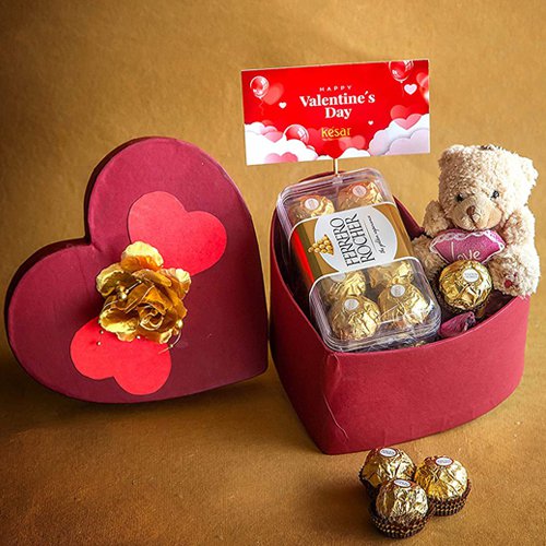 Wonderful Heart Box of Ferrero Rocher with Teddy N Greetings Card