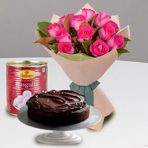 Buy Online Red Roses with Haldiram Rasgulla N Eggless Cake