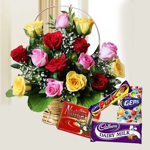 Graceful mixed lovely Roses clubbed with delicious assorted Cadburys Chocolates