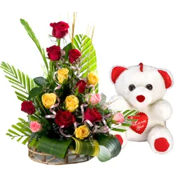 Order Mixed Roses Arrangement with Teddy