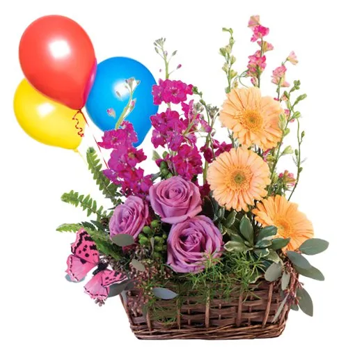 Colorful Bouquet of Beautiful Flowers and Bright Balloons Filled with Happiness