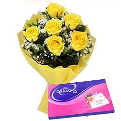 Yellow Roses Bouquet with Cadbury Celebrations Pack