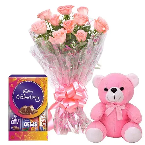 Dazzling Pink Rose Hand Bunch, Small Teddy with Mini Cadbury Celebration