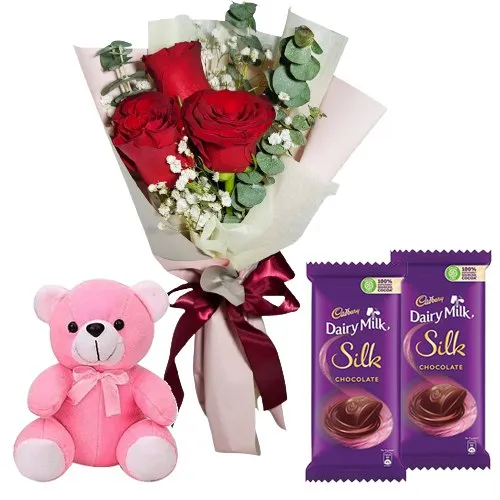 Admirable Small Teddy, Roses and Dairy Milk Silk Chocolate Bars
