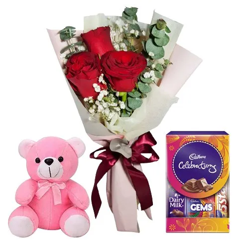Robust Red Rose Hand Bunch, Cute Teddy and Cadbury Assortment Mini Pack