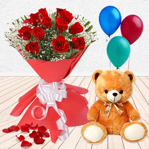 Love and Passion Red Roses, Teddy and Balloons Gift Combo