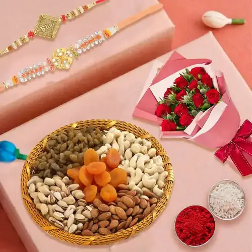 Exclusive 12 Red Roses along with yummy mixed Dry Fruits with Free 2 Rakhis and Roli Tilak Chawal