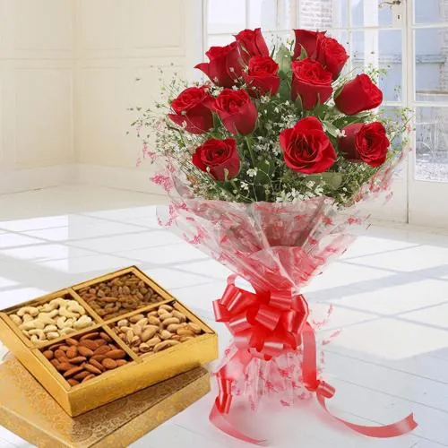 Enchanting Love Bouquet of 12 Red Roses and Dry Fruits