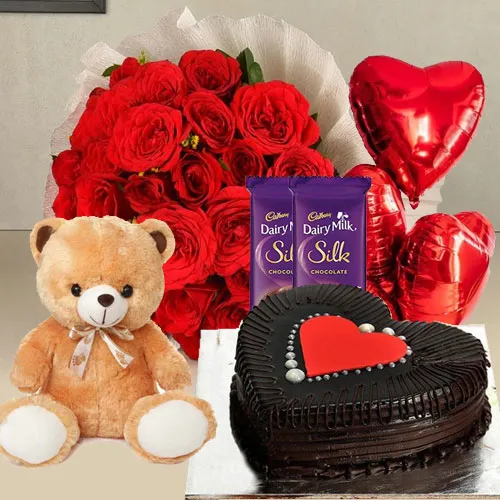 Bright Red Roses, Chocolate Cake, Mylar Balloons, Chocolates and a Teddy
