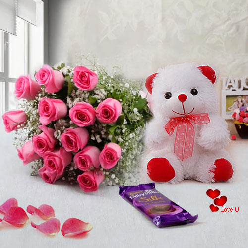 Chocolate Day Gift of Chocolates, Pink Roses Bouquet N Teddy
