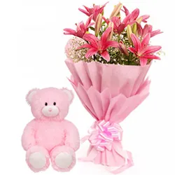 Gift Combo of Cute Teddy with Pink Lily Bouquet