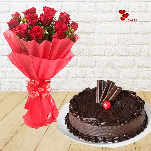V-Day Combo of Red Roses Bouquet N Chocolate Cake