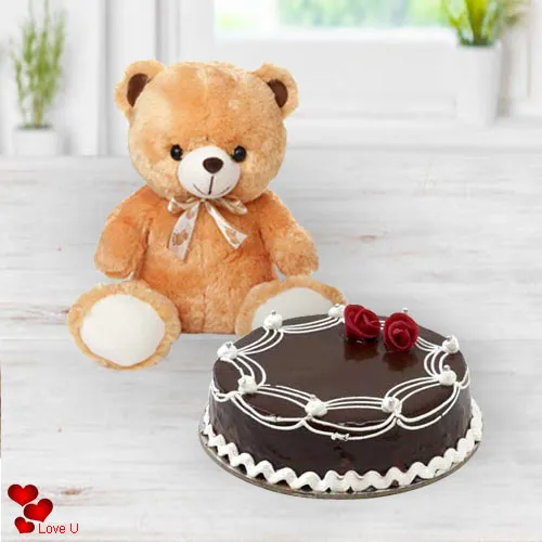 V-Day Surprise Gift of Chocolate Cake N Teddy