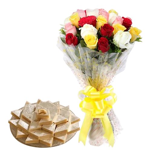 Beautiful 2 Dozen Mixed Roses Bouquet with 1 Kg. Kaju Barfi Delight