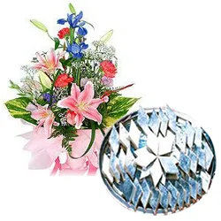 Online Kaju Barfi with Seasonal Flowers Bouquet