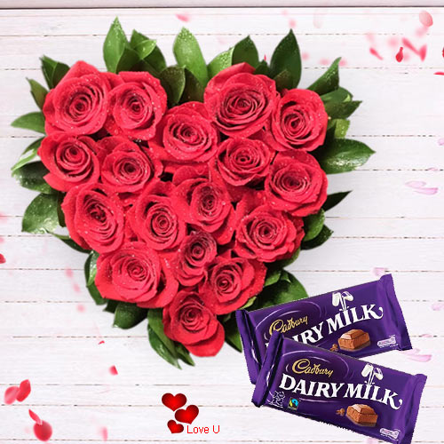 Send Heart Shape Roses Arrangement N Dairy Milk Chocolates for Rose Day