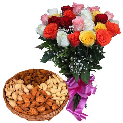 Impressive 1 Kg. Dry Fruits with 2 Dozen Colorful Roses