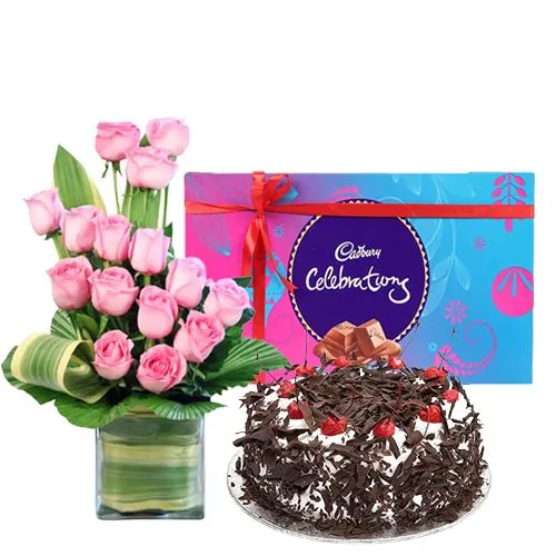 Online Pink Roses Arrangement with Cadbury Celebrations and Cake