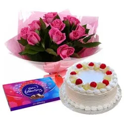 Sending Pink Rose Bouquet, Cadbury Celebration and Cake