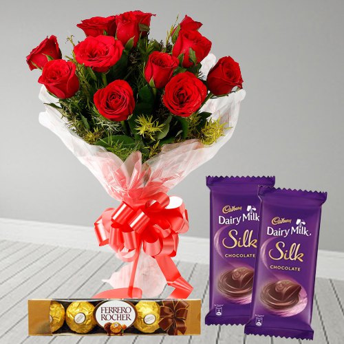 Online Red Rose Bouquet with Dairy Milk Silk and Ferrero Rocher