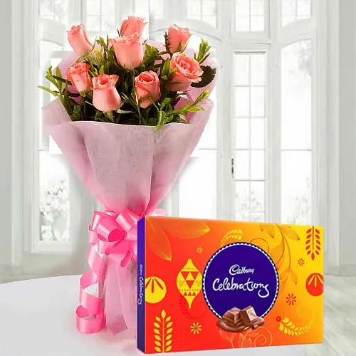 Deliver Bouquet of Pink Roses with Cadbury Celebrations
