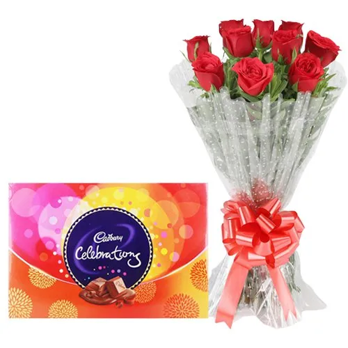 Buy Combo of Red Rose Bouquet and Cadbury Celebrations