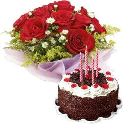 Online Black Forest Cake and Red Roses Bunch