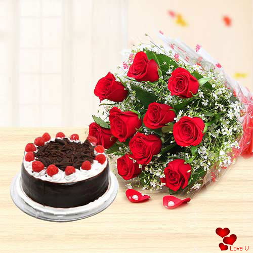 Online Combo of Red Roses N Black Forest Cake for Rose Day