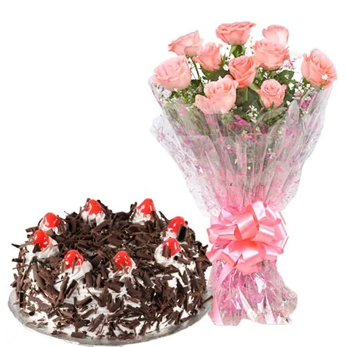 Buy Pink Roses Bouquet and Black Forest Cake