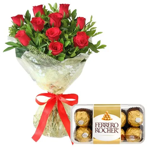 Online Red Roses Bouquet and Ferrero Rocher Chocolates