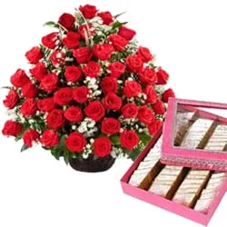 Order Red Roses with Kaju Barfi