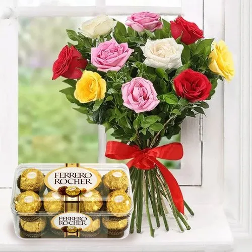 Online Mixed Roses Bunch and Ferrero Rocher