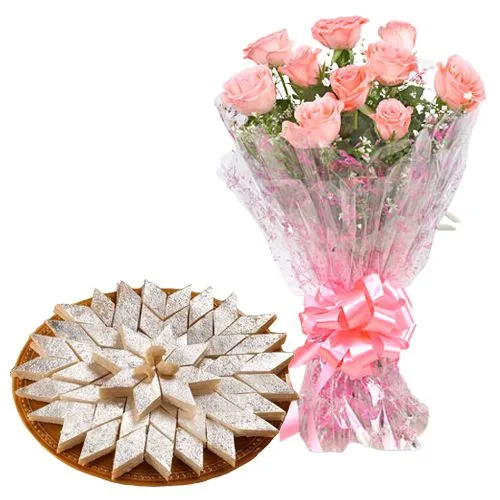 Deliver Pink Roses Bunch and Kaju Katli