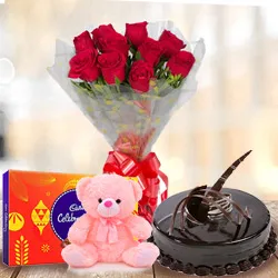 Order Chocolate Cake with Cadbury Celebrations, Teddy N Red Roses Bouquet