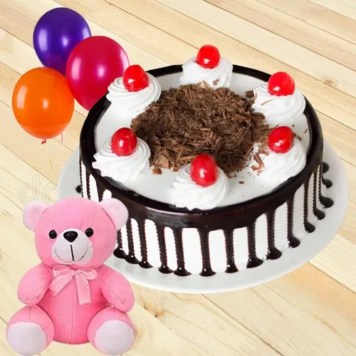 Buy Black Forest Cake with Teddy, Red Rose N Balloons