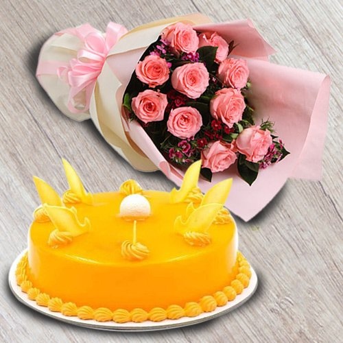 Pink Rose Bouquet with Mango Cake