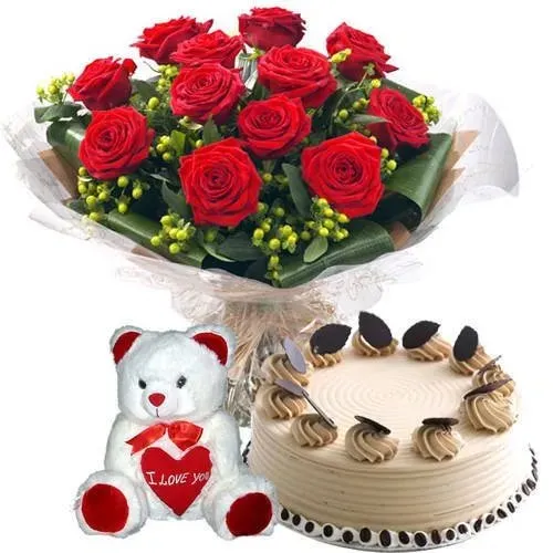 Deliver Online Coffee Cake with Teddy N Red Roses Bouquet