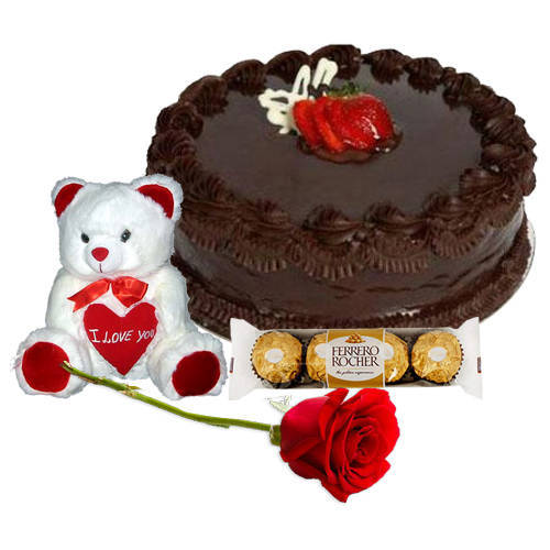 Online Red Rose with Chocolate Cake, Ferrero Rocher N Teddy