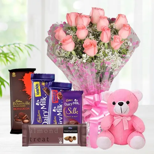 Order Pink Roses Bouquet with Assorted Cadbury Chocolates N Teddy