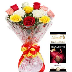 Beautifully Arranged Colorful Roses with Lindt Excellence Bar